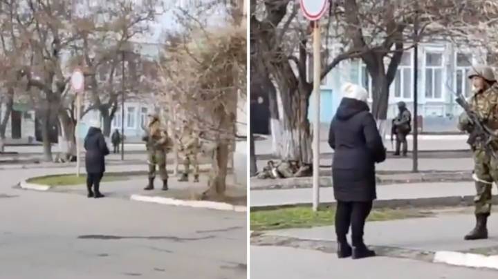 Incredible Moment Ukrainian Woman Bravely Confronts Russian Soldier