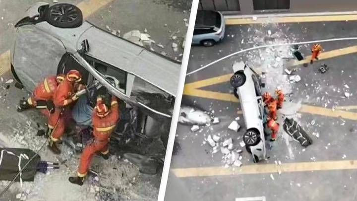 Two Killed By Electric Car Falling From Third Floor In China
