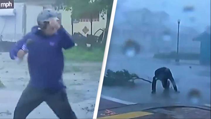 Brave weatherman continues report after almost getting struck by lightning and hit by tree in Hurricane Ian