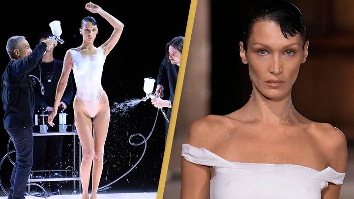Bella Hadid has dress spray-painted on wowing Paris Fashion Week