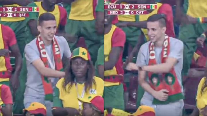 Morocco fan joins in with Senegal supporters dancing in the stands, it's what football is all about