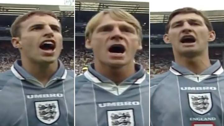 Emotional footage of England players passionately singing 'God Save the Queen' at Euro 96