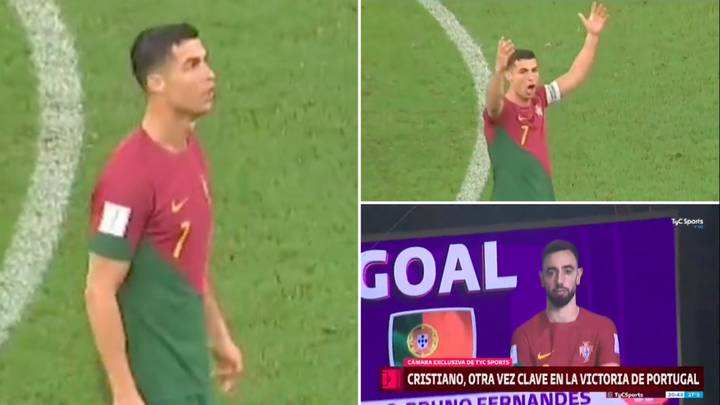 Unseen footage of Cristiano Ronaldo's immediate reaction to Bruno Fernandes being awarded Portugal's opener