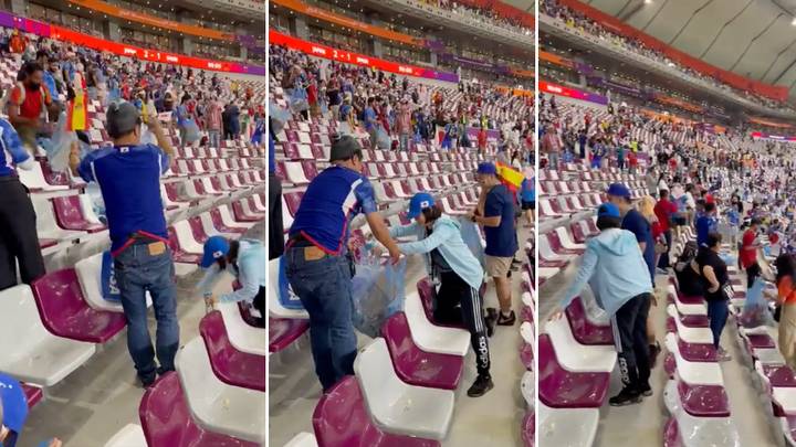 Japan fans stay behind to tidy stands after witnessing incredible win against Spain