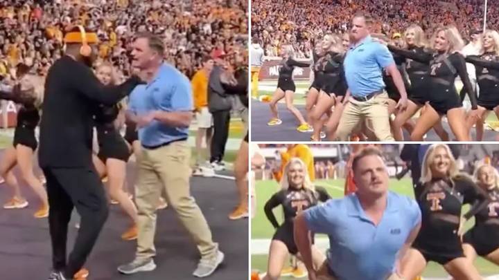 Security guard surprises American football fans and steals spotlight from cheerleaders with shock routine