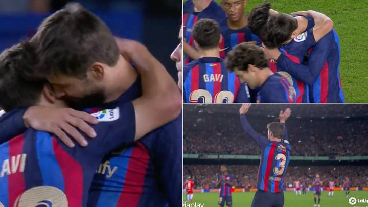 Gerard Pique breaks down in tears leaving the pitch as a Barcelona player one final time