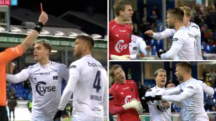 The Shocking Moment Defender Is Sent Off For Clashing With His Own Goalkeeper In 95th Minute