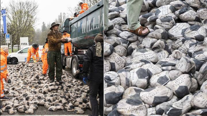 Artist Drops 6500 Deflated Balls Outside Of FIFA HQ In Protest 6500 Migrant Worker Deaths