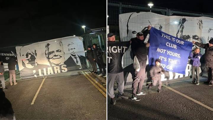 Everton fans protest outside training ground after the club sign zero players in January