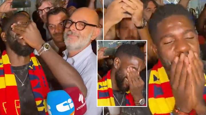 Samuel Umtiti overcome with emotion after receiving incredible welcome by Leece fans in airport
