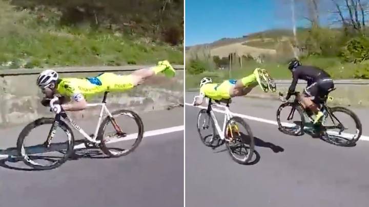 Cyclist's bizarre 'plank' technique to overtake competitors goes viral online