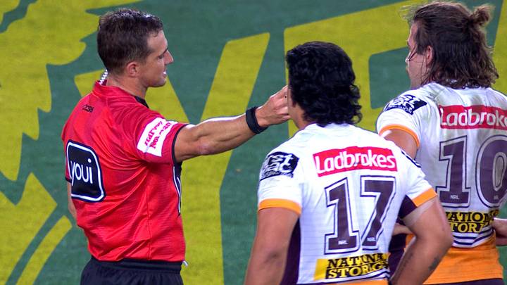 NRL Referee Grant Atkins Almost Had A Slip Of The Tongue Which Could Have Landed Him In Trouble