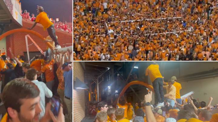 College football fans throw goalposts into river in the wildest celebrations we've ever seen