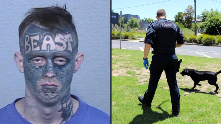 Police are hunting for a man with bizarre tattoos over an outstanding warrant