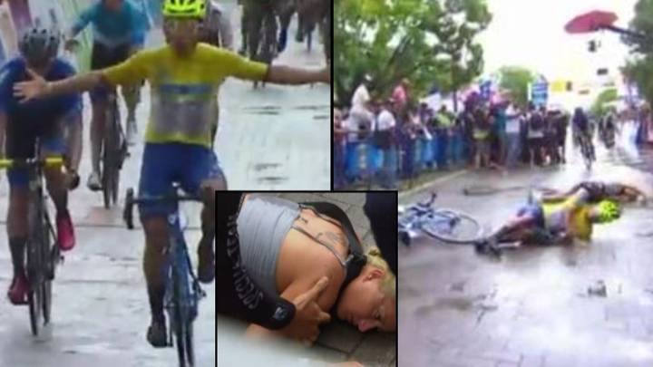 Professional Cyclist Smashes Into Wife At Race As He Reaches Finishing Line