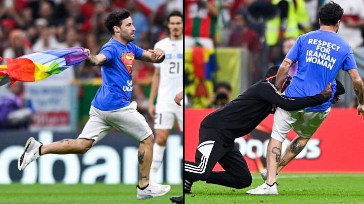 Man bursts onto World Cup pitch waving rainbow flag and wearing activist shirt
