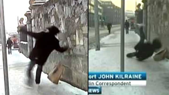 Camerman who filmed famous video of man slipping on ice live on news reveals what happened next