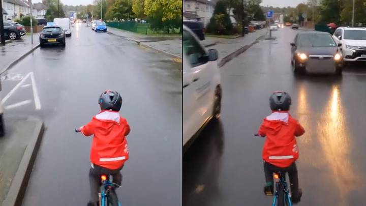 Five-year-old cycling in the middle of the road causes huge debate after near miss with car