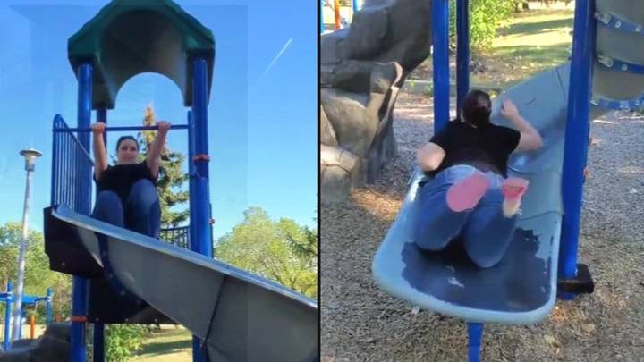 Woman accidentally makes bizarre optical illusion when coming down a slide