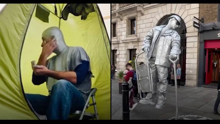 Man who is a 'living statue' shows how he gets into his position