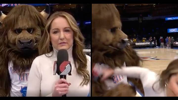 Reporter horrified by mascot creeping up behind her hits him with microphone