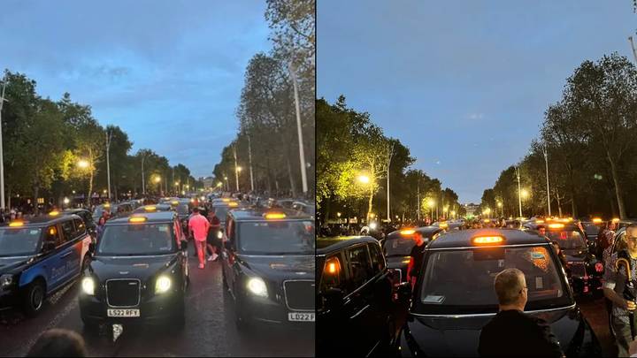 Black cab drivers line the Mall to mourn death of the Queen