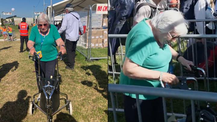82-Year-Old Nanny Pat Arrives At Glastonbury With Birthday Wish Using Zimmer Frame