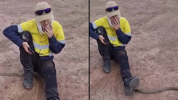 Woman has incredibly calm reaction to highly venomous snake interrupting cigarette break