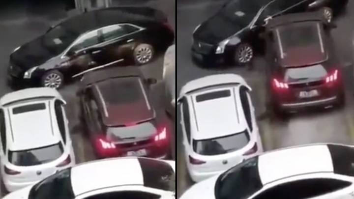Driver repeatedly crashes into parked car after getting blocked in space with no way out