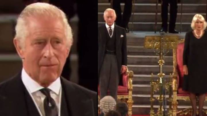 King Charles III appears to tear up as God Save The King is sung to him for first time