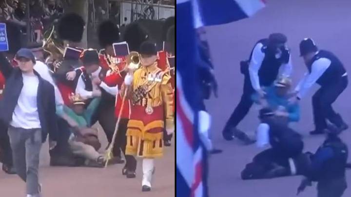 Police Drag Away Demonstrator Who Lay In Middle Of Trooping Of The Colour Parade