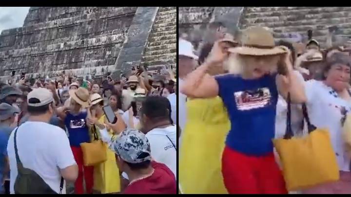Shocking footage shows what happened to tourist who climbed Mayan pyramid after she was surrounded by mob
