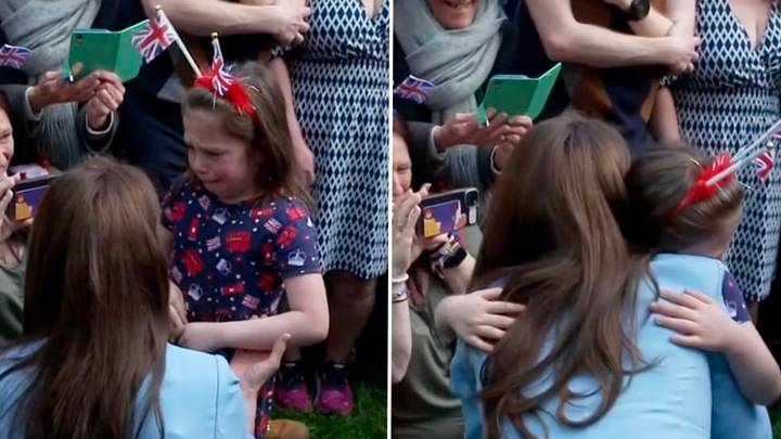 Adorable moment Princess Kate consoles crying girl with a hug