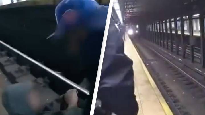 Amazing footage shows NYPD officer risk life to save someone else's as subway approaches