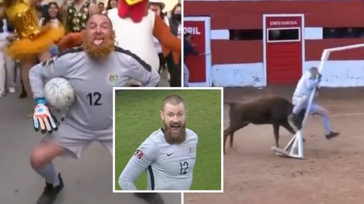 Peru fans take revenge on Aussie goalkeeper Andrew Redmayne by letting a bull loose on his lookalike