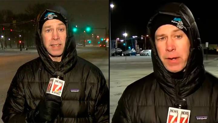 Grumpy reporter makes his feelings clear as he’s forced to present in a blizzard