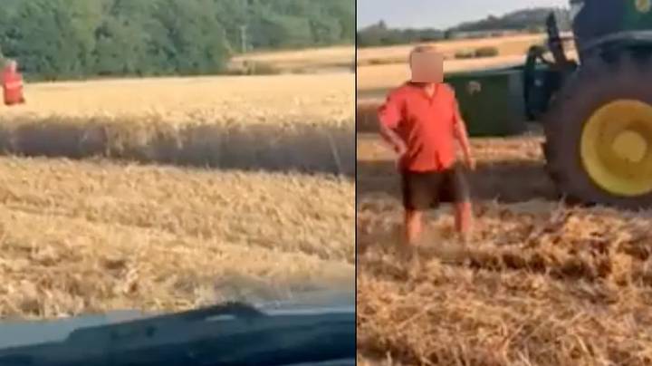 Angry man jumps out in front of combine harvester and confronts farmer for getting 'dust in sandwich'