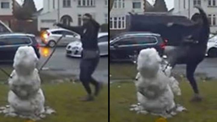 Man caught on camera jumping out of car to destroy little girl's snowman