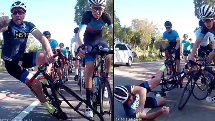 Dangerous moment a group of cyclists crash on a motorway