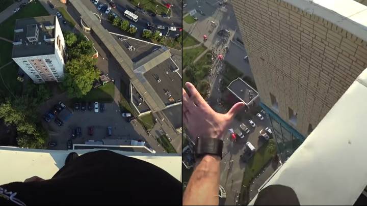 Moment parkour runner misses jump and falls off roof but miraculously survives