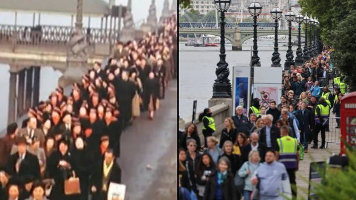 Pictures show how queue to see Queen's coffin compares to King's 70 years ago
