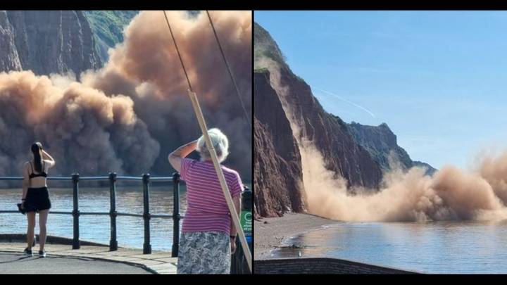 Dramatic moment cliff collapses on UK beach as hot weather scorches rocks