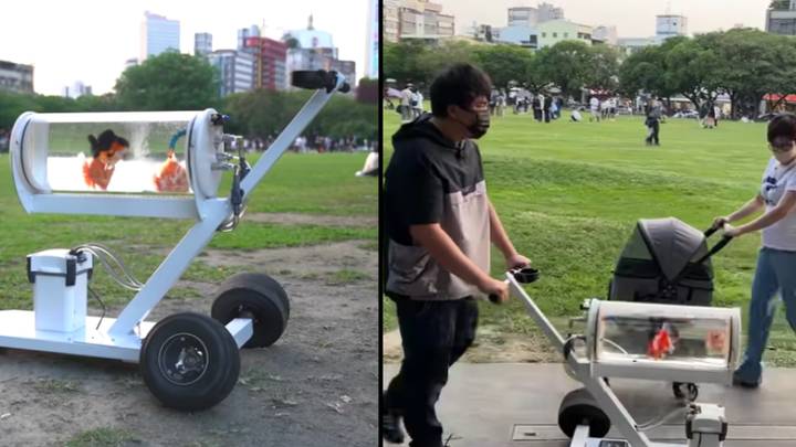Walk In Goldfish Man Builds Special Device To Allow Him To Take His Pet Goldfish Out For ...