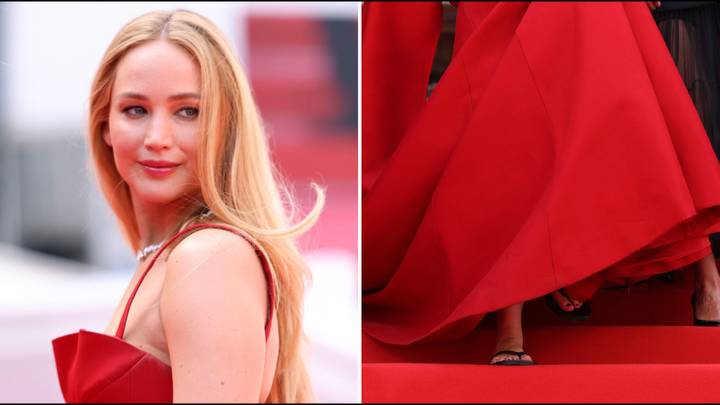 Jennifer Lawrence seen wearing flip flops under her beautiful red carpet gown