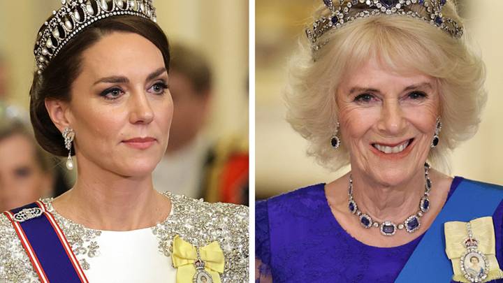 Princess of Wales and Royal Family members wear brooches showing portrait of the Queen