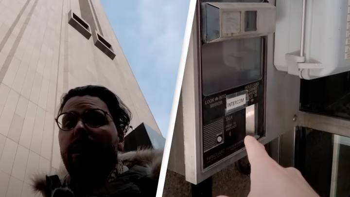 Man approaches intercom at mysterious windowless 29 story skyscraper in New York to see what's inside