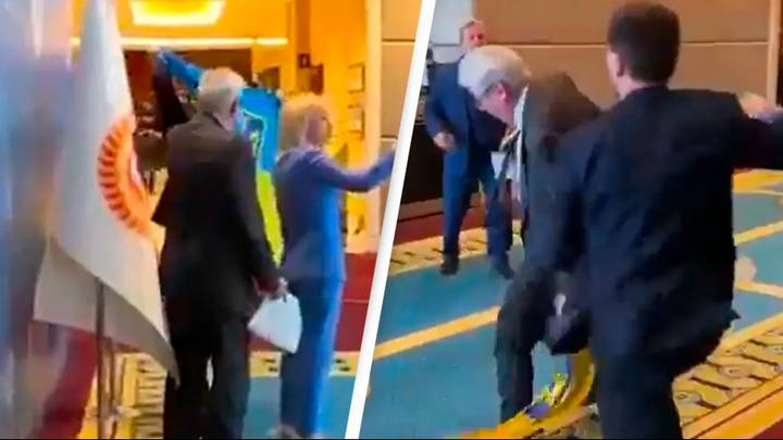 Fight breaks out after Russian diplomat tears down Ukrainian flag