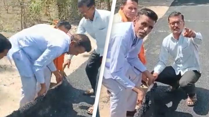 Villagers lift newly-made road with bare hands and accuse contractor of scam