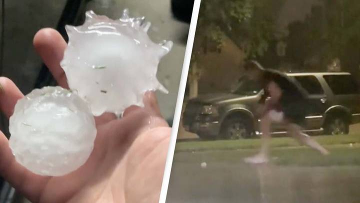 Man catches moment baseball-sized hail with spikes falls in Texas