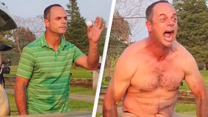 Golfer rips off shirt and shows his muscles before challenging another player to a fight